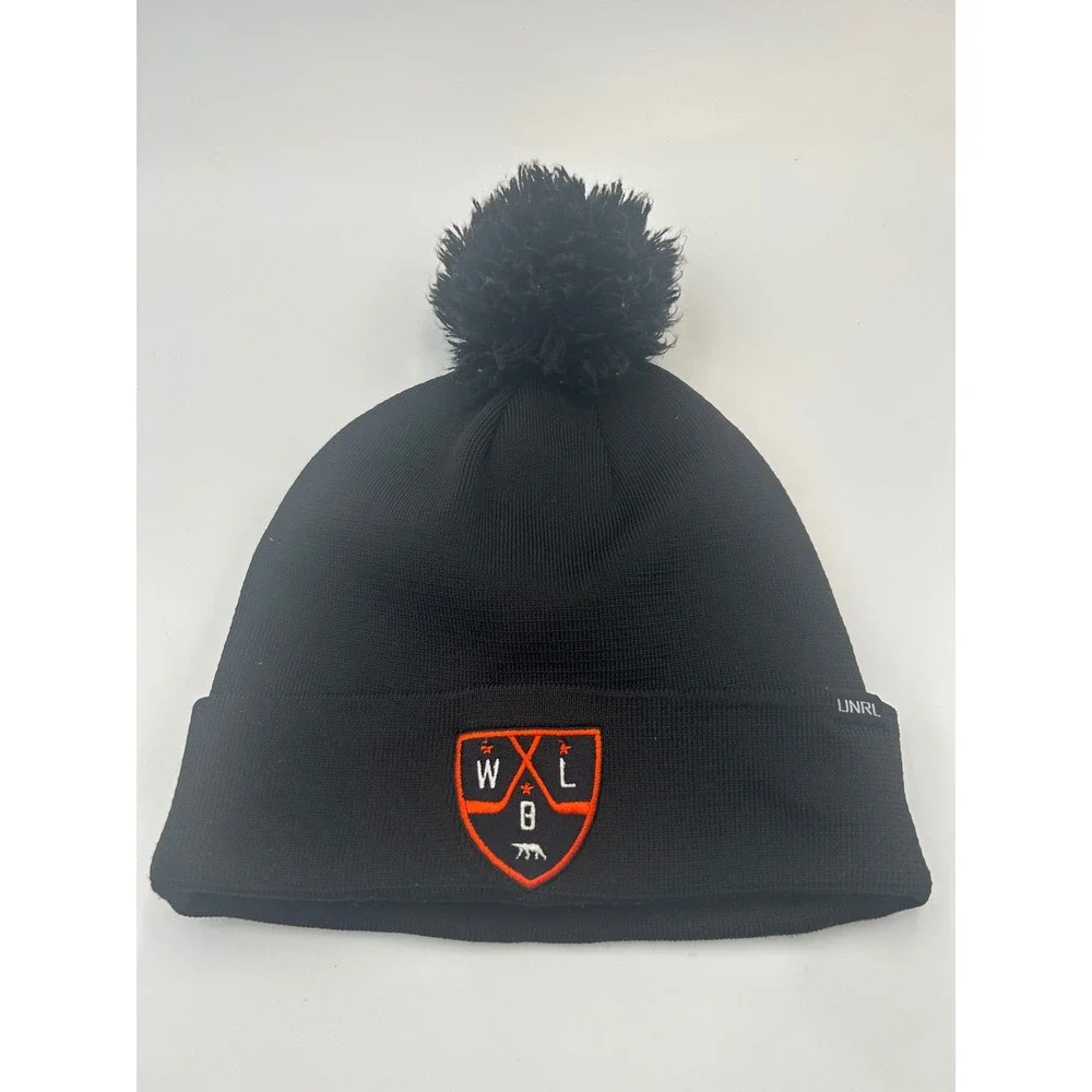 UNRL Black Knit Pom Beanie Hat Orange Shield Logo #18 Thermal Lining B914